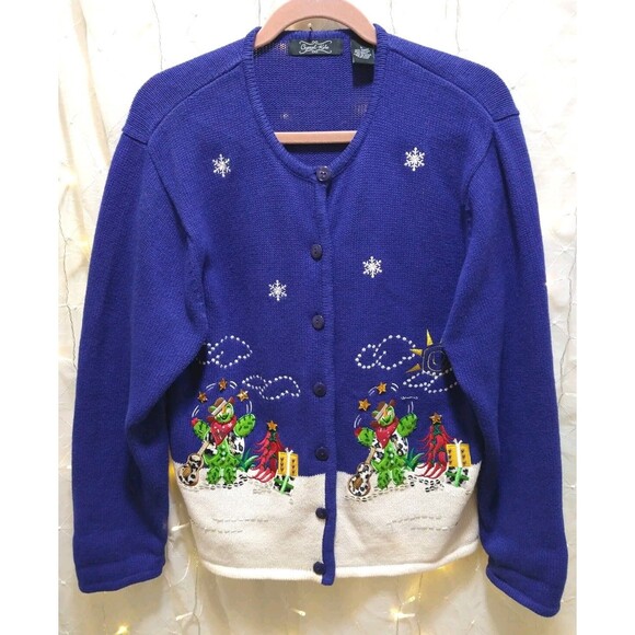 Crystal Kobe Womans Large Blue 3D Knit Sweater Cardigan Christmas Cactus Western - Picture 1 of 11
